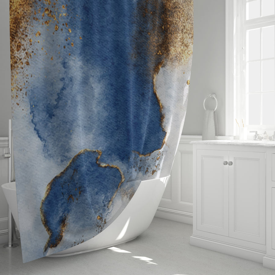 Blue and Gold Coastal Marble Texture Shower Curtain