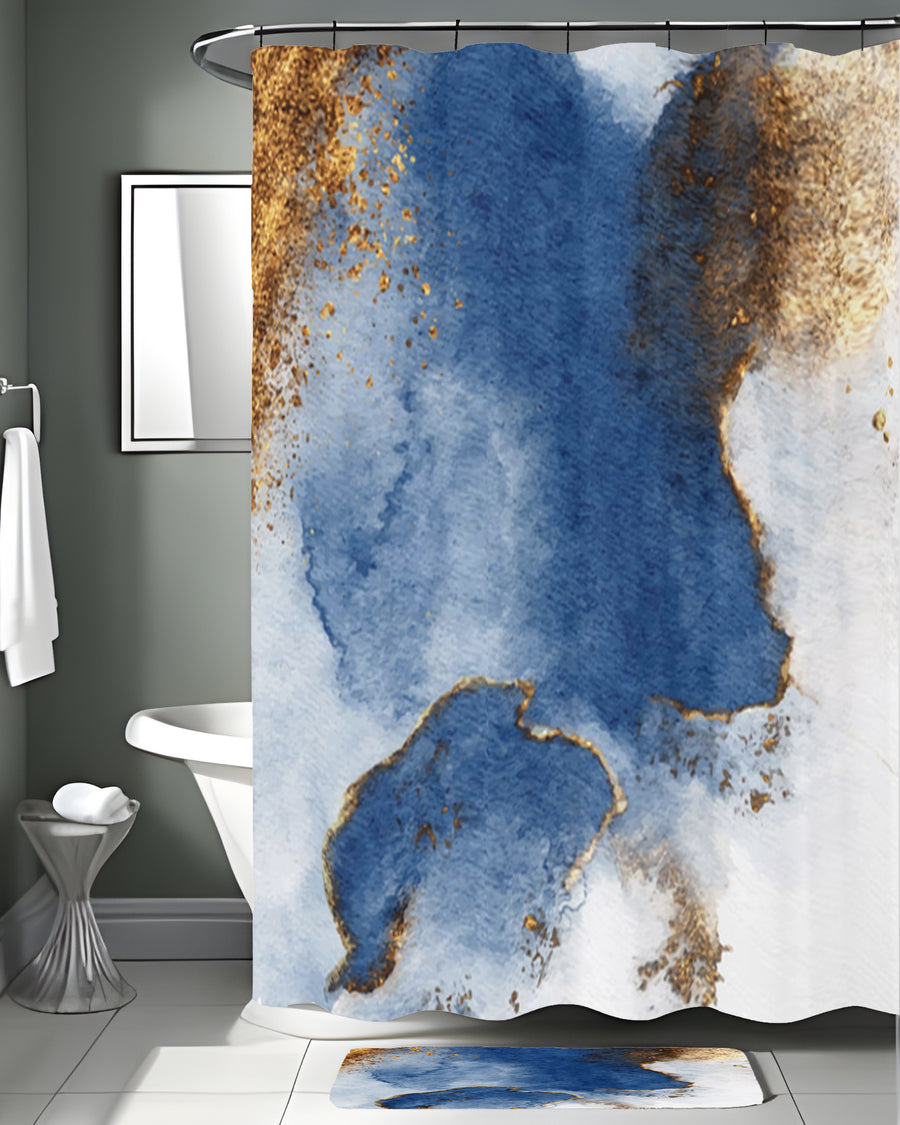Blue and Gold Coastal Marble Texture Shower Curtain