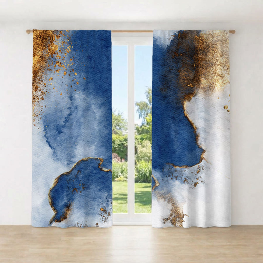 Blue and Gold Coastal Marble Texture Window Curtains