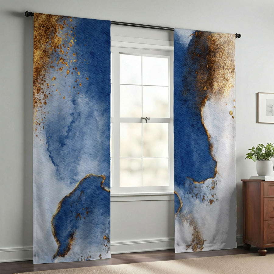 Blue and Gold Coastal Marble Texture Window Curtains