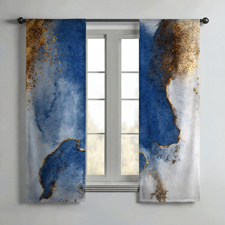 Blue and Gold Coastal Marble Texture Window Curtains