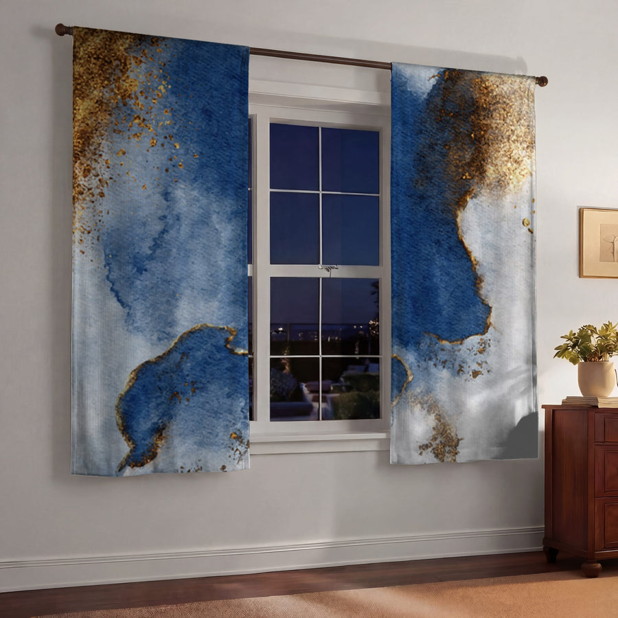 Blue and Gold Coastal Marble Texture Window Curtains