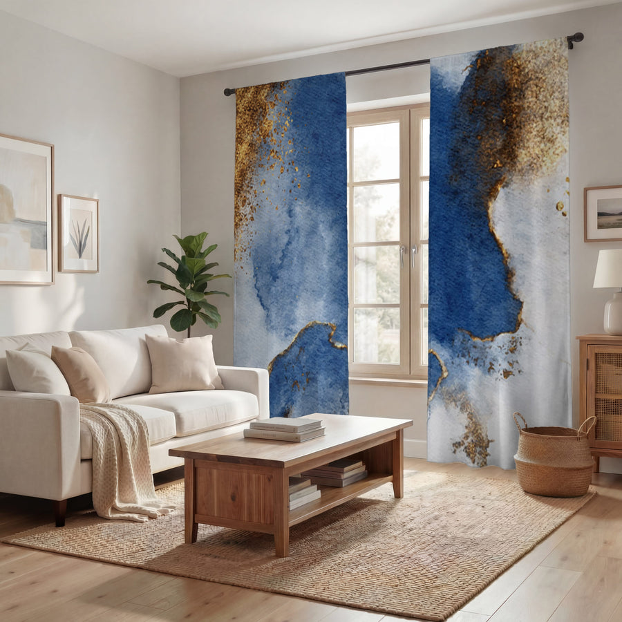 Blue and Gold Coastal Marble Texture Window Curtains