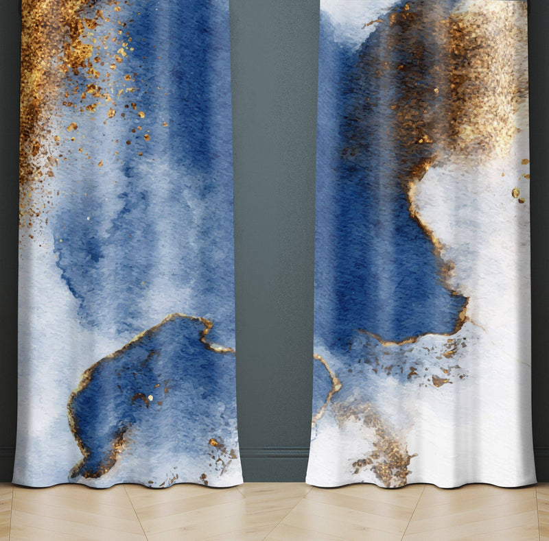 Blue and White Chic Abstract Alcohol Ink Pattern Window Curtains - Deja Blue Studios
