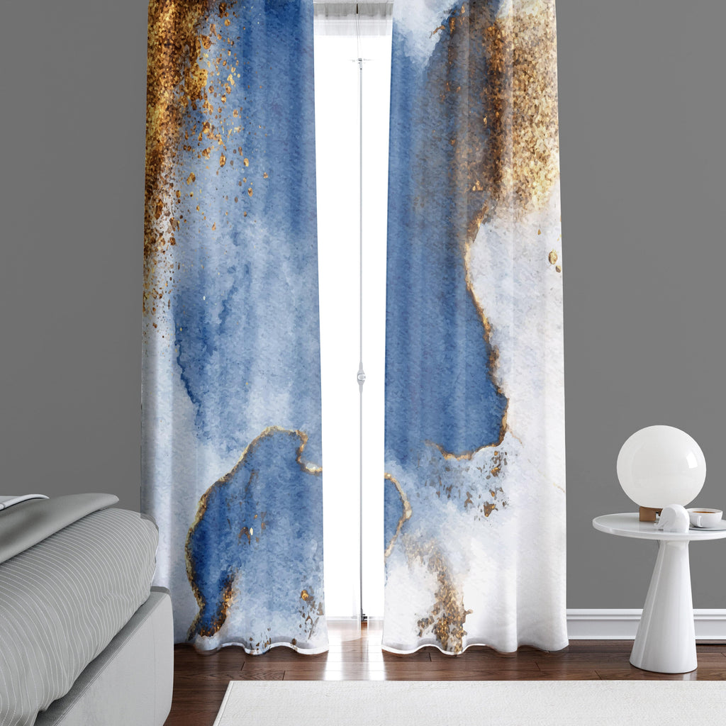 Blue and White Chic Abstract Alcohol Ink Pattern Window Curtains - Deja Blue Studios