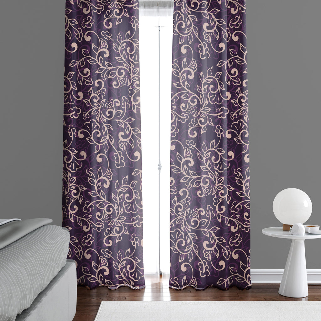 Burgundy and Beige Ornate Pattern Window Curtains - Deja Blue Studios