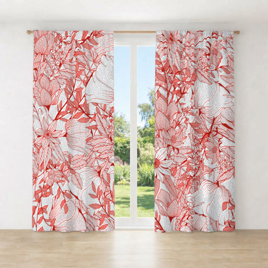 Pink Botanical Sketch Floral Pattern Window Curtains