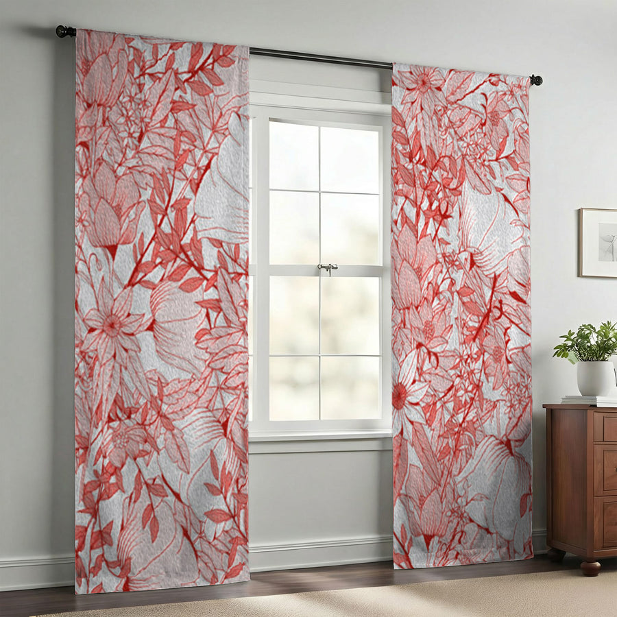 Pink Botanical Sketch Floral Pattern Window Curtains