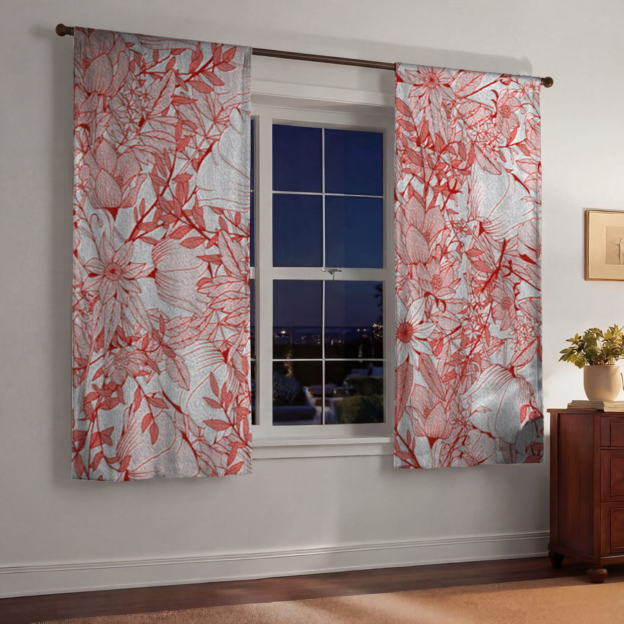 Pink Botanical Sketch Floral Pattern Window Curtains