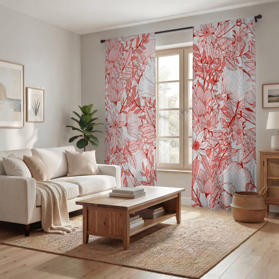 Pink Botanical Sketch Floral Pattern Window Curtains