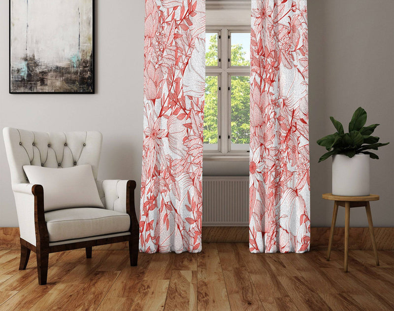 Coral and Gray Modern Floral Print Window Curtains - Deja Blue Studios