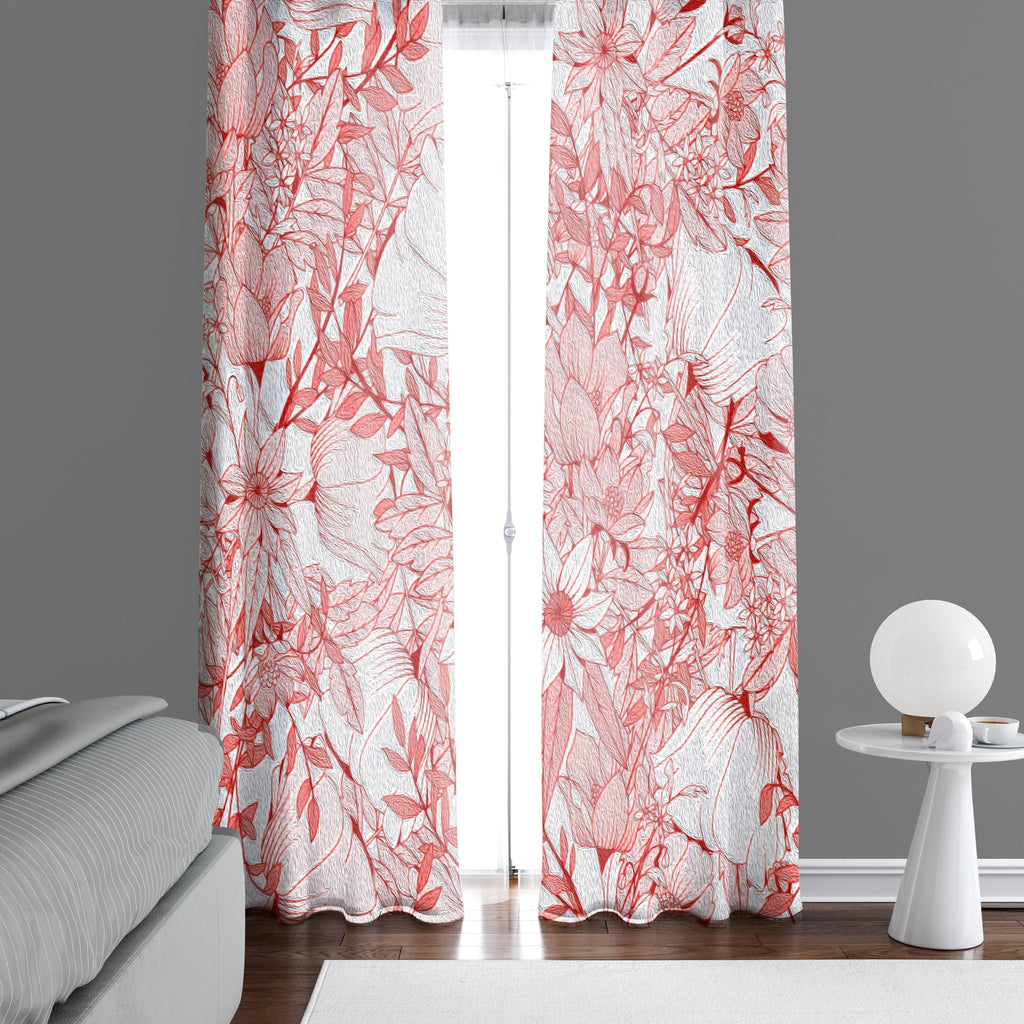 Coral and Gray Modern Floral Print Window Curtains - Deja Blue Studios