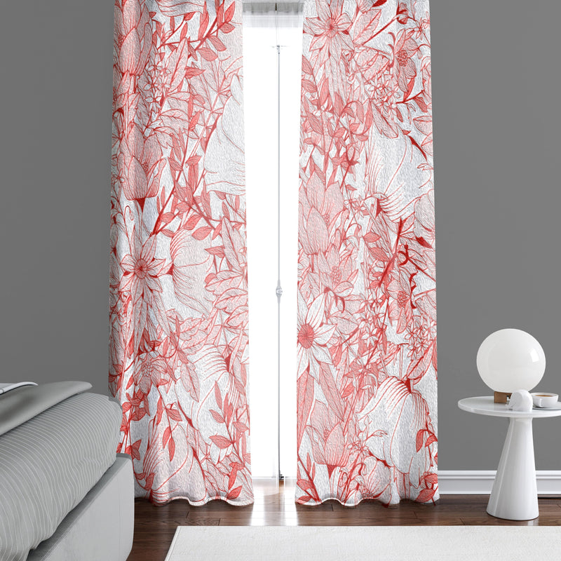 Coral and Gray Modern Floral Print Window Curtains - Deja Blue Studios