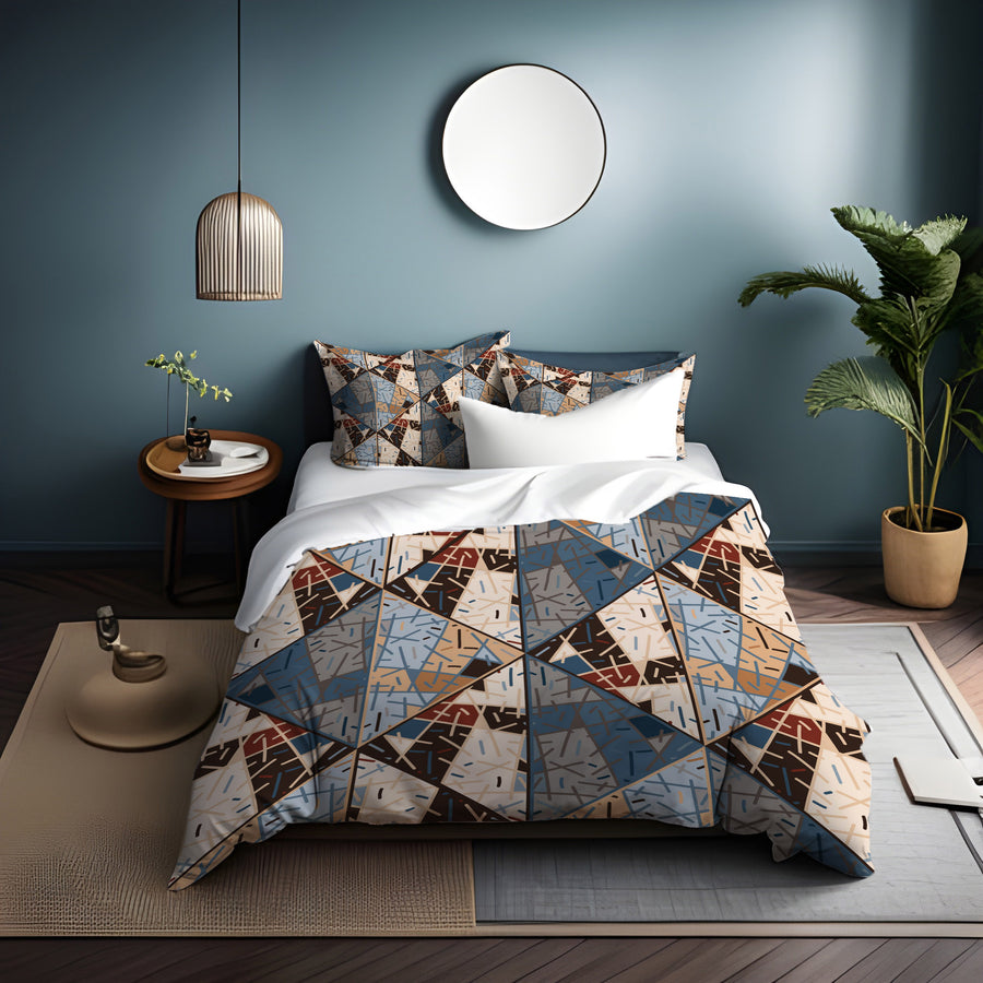 Blue and Beige Patchwork Geometric Mosaic Duvet Cover