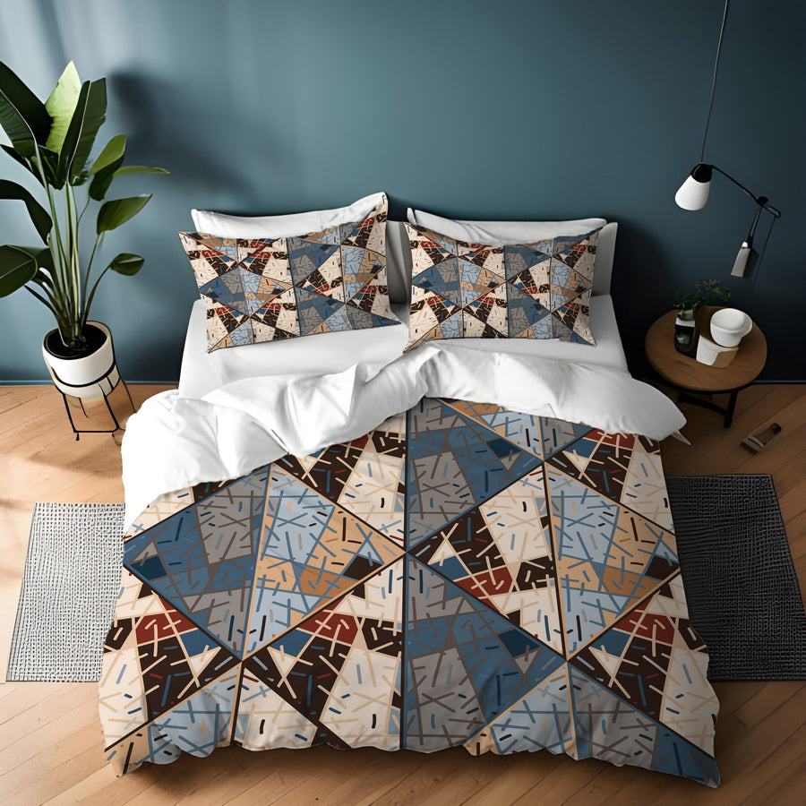 Blue and Beige Patchwork Geometric Mosaic Duvet Cover
