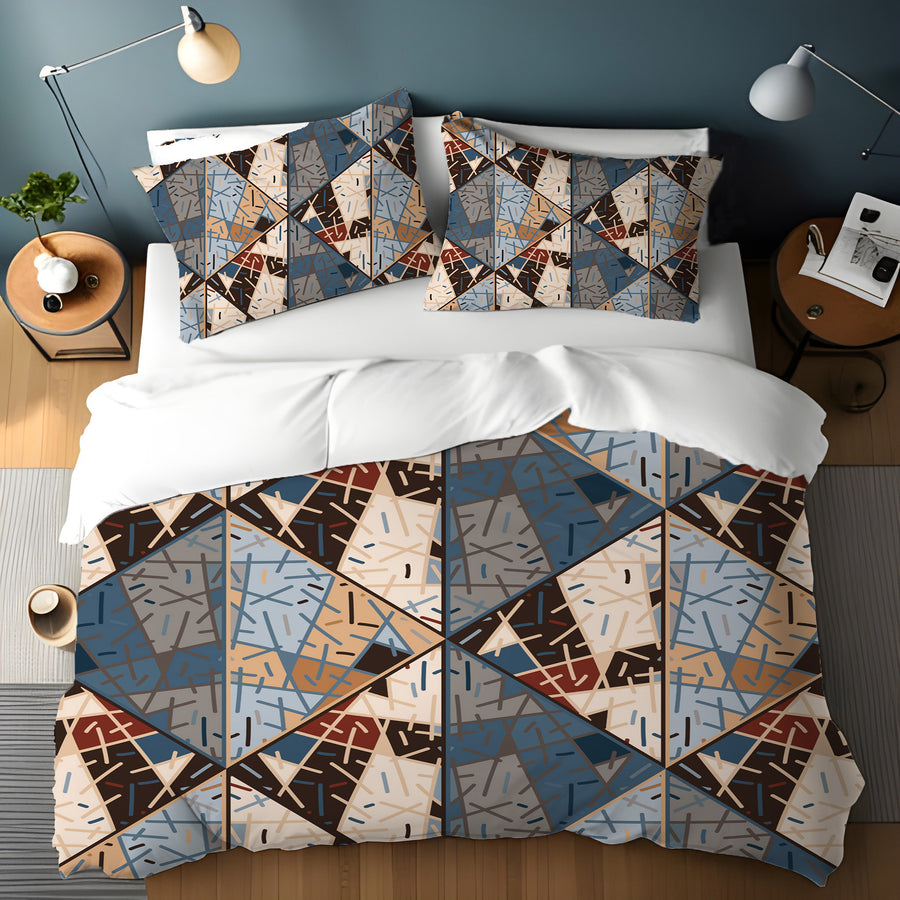 Blue and Beige Patchwork Geometric Mosaic Duvet Cover