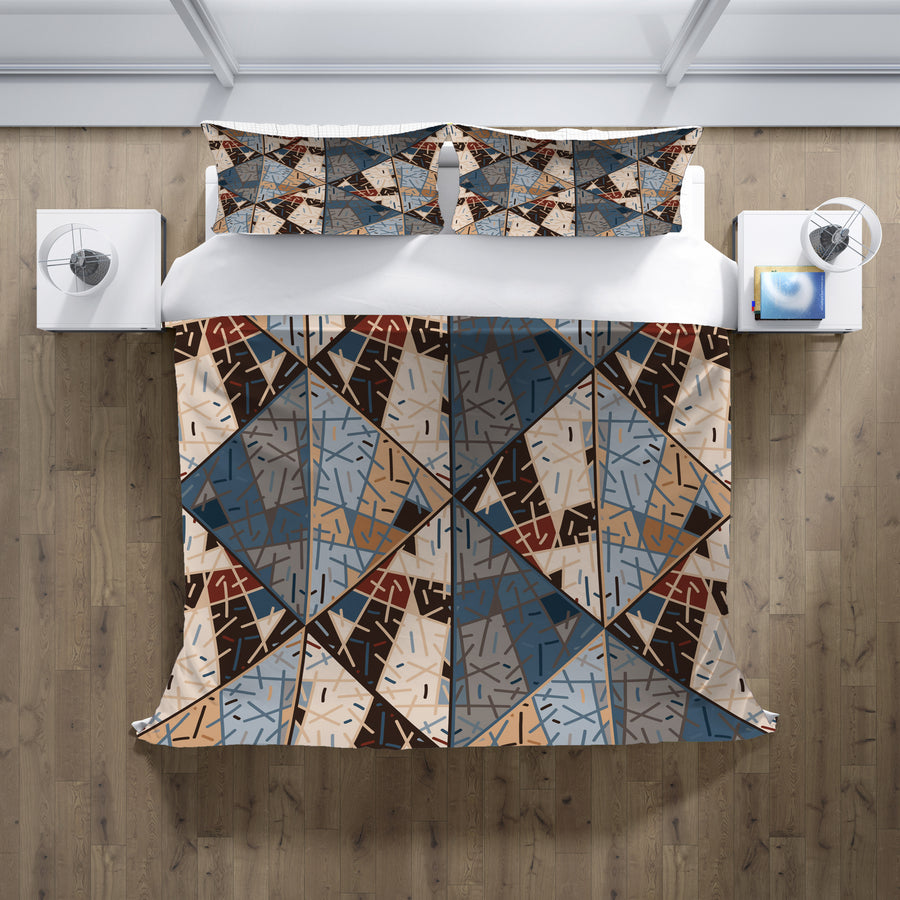Blue and Beige Patchwork Geometric Mosaic Duvet Cover