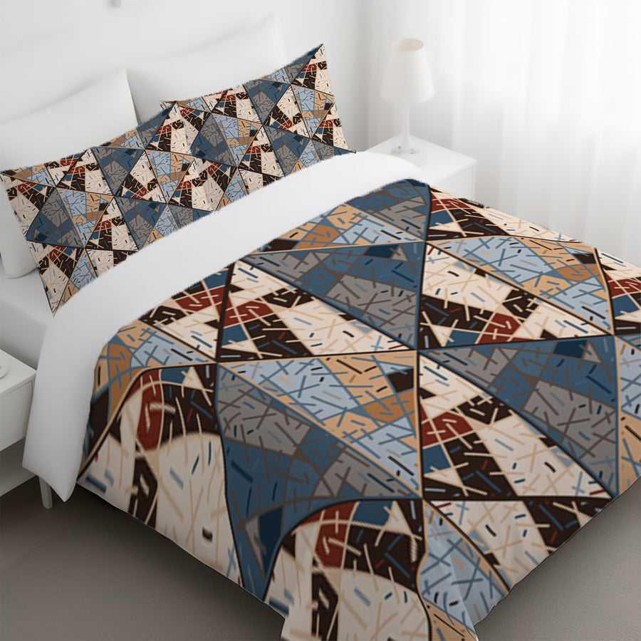 Blue and Beige Patchwork Geometric Mosaic Duvet Cover