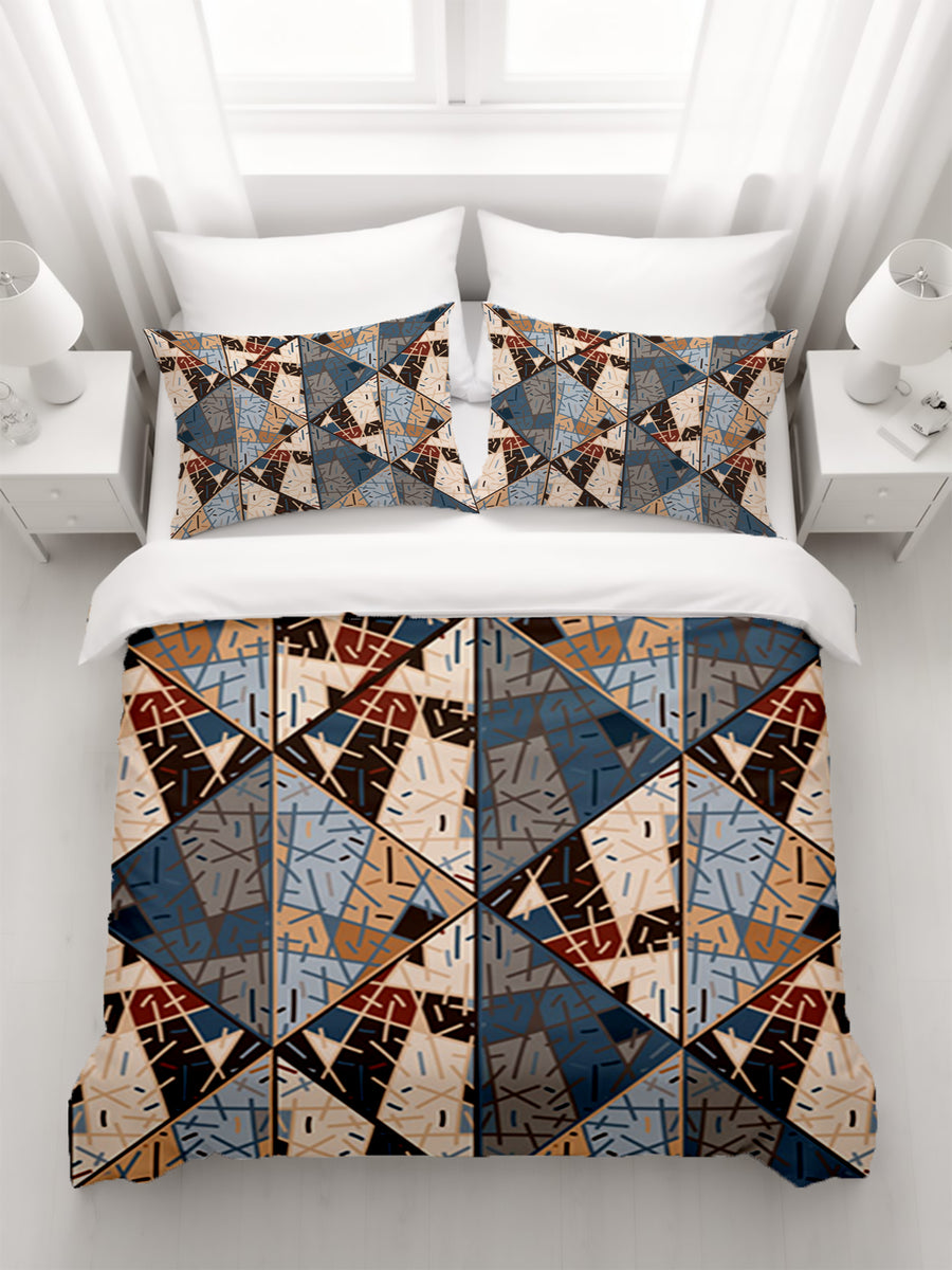 Blue and Beige Patchwork Geometric Mosaic Duvet Cover