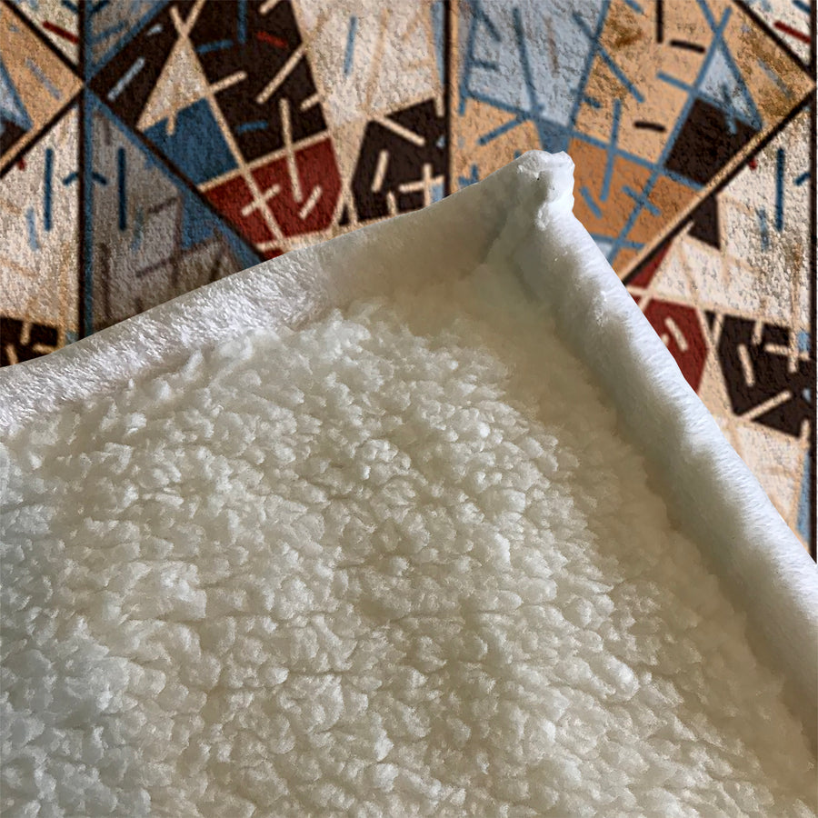 Blue and Beige Patchwork Geometric Mosaic Fleece Sherpa Blanket