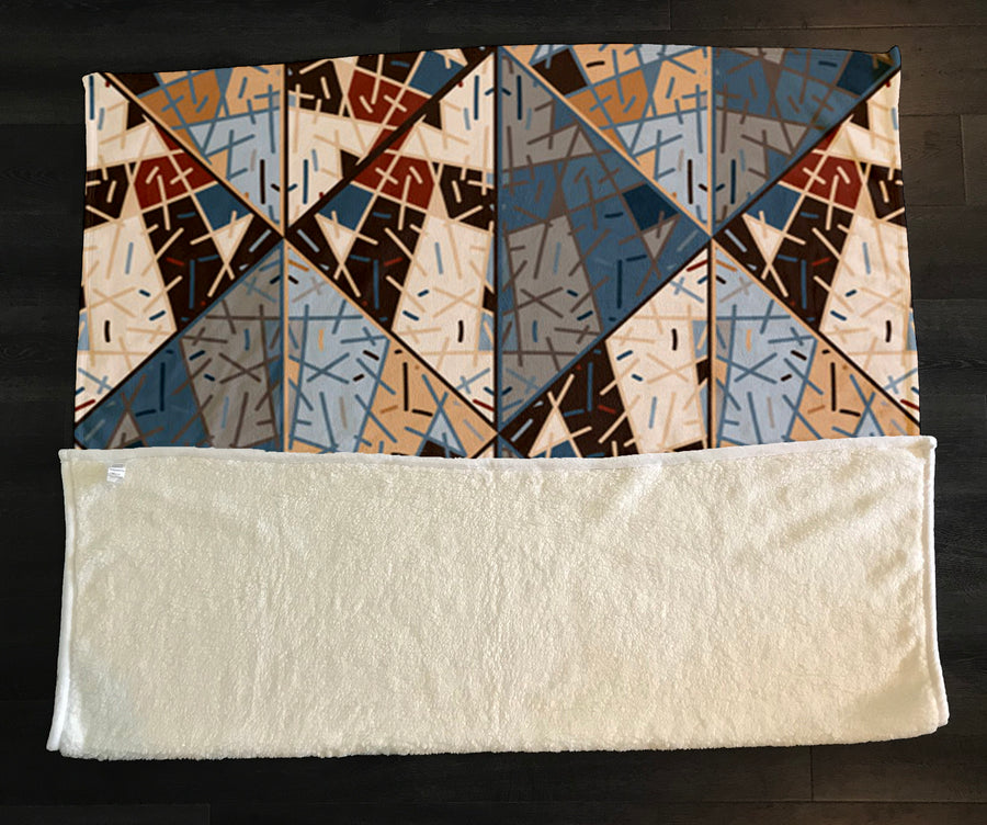 Blue and Beige Patchwork Geometric Mosaic Fleece Sherpa Blanket