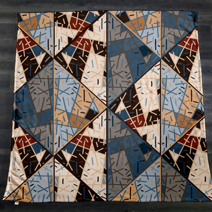 Blue and Beige Patchwork Geometric Mosaic Fleece Sherpa Blanket