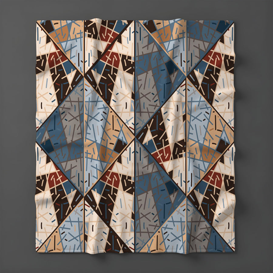Blue and Beige Patchwork Geometric Mosaic Fleece Sherpa Blanket