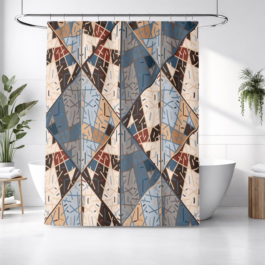 Blue and Beige Patchwork Geometric Mosaic Shower Curtain