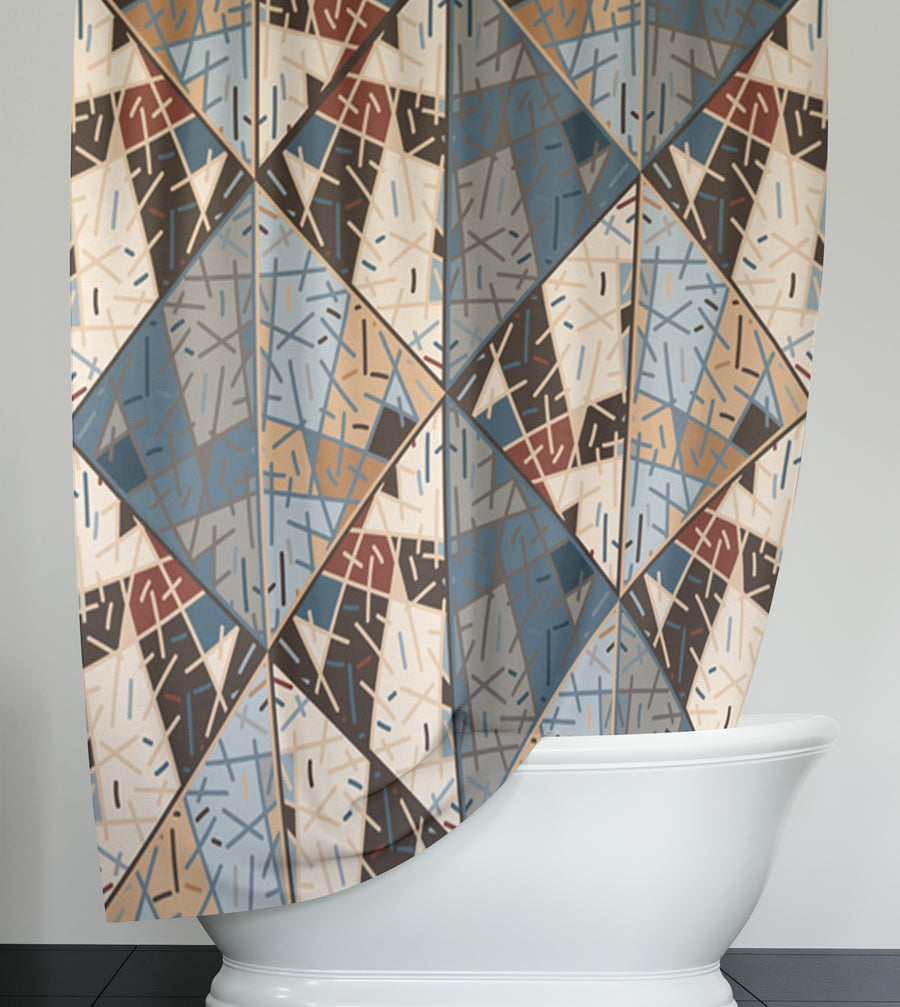 Blue and Beige Patchwork Geometric Mosaic Shower Curtain