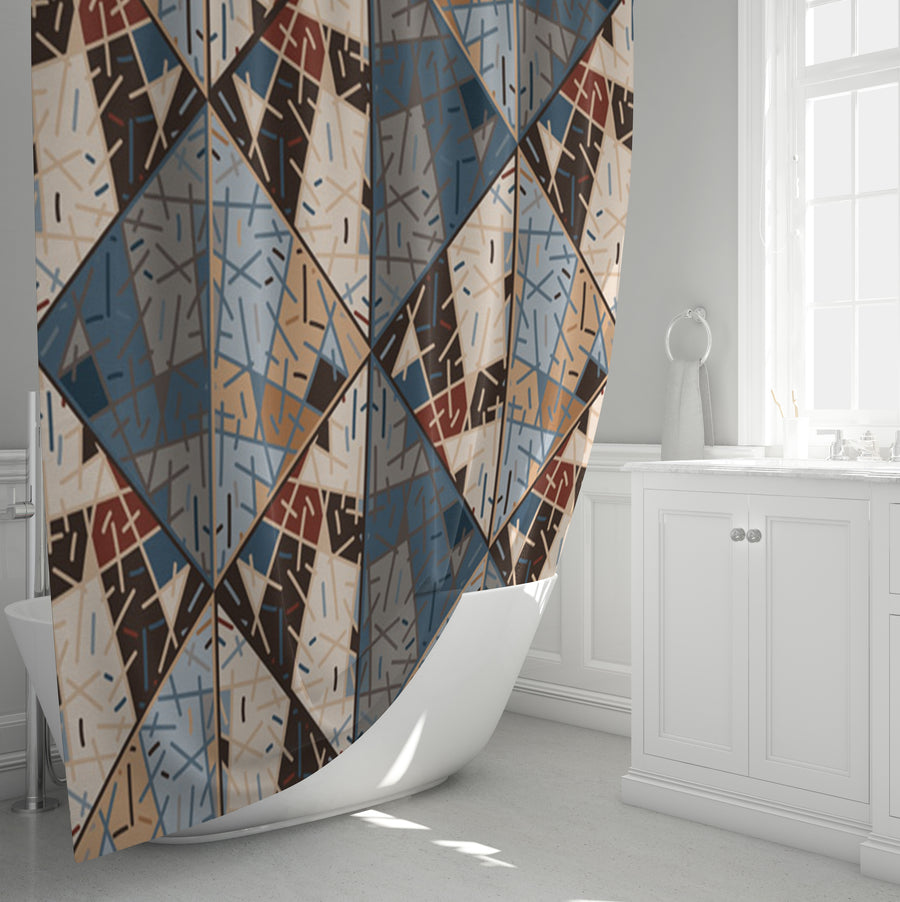 Blue and Beige Patchwork Geometric Mosaic Shower Curtain