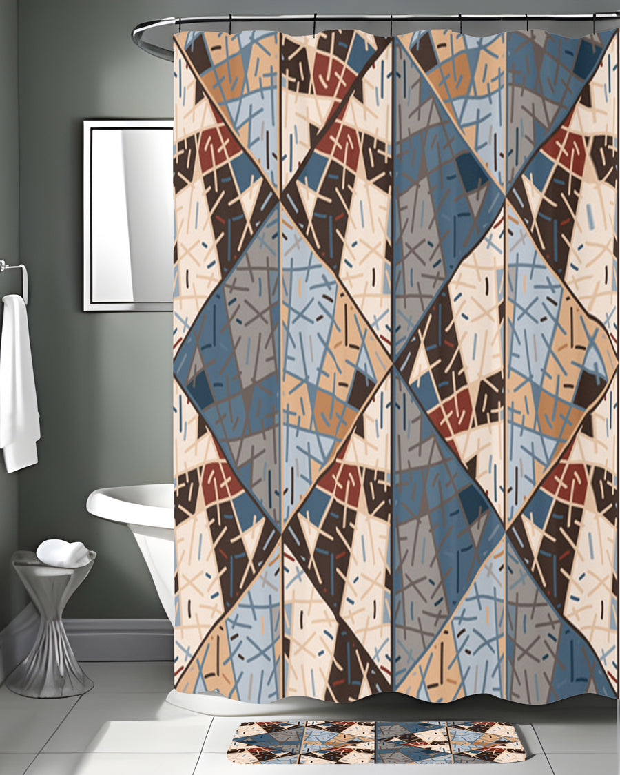 Blue and Beige Patchwork Geometric Mosaic Shower Curtain