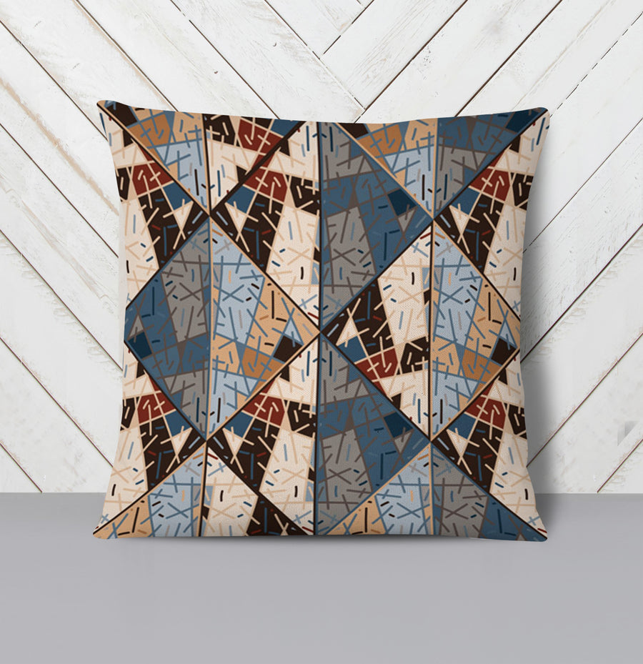 Blue and Beige Patchwork Geometric Mosaic Throw Pillow Cover