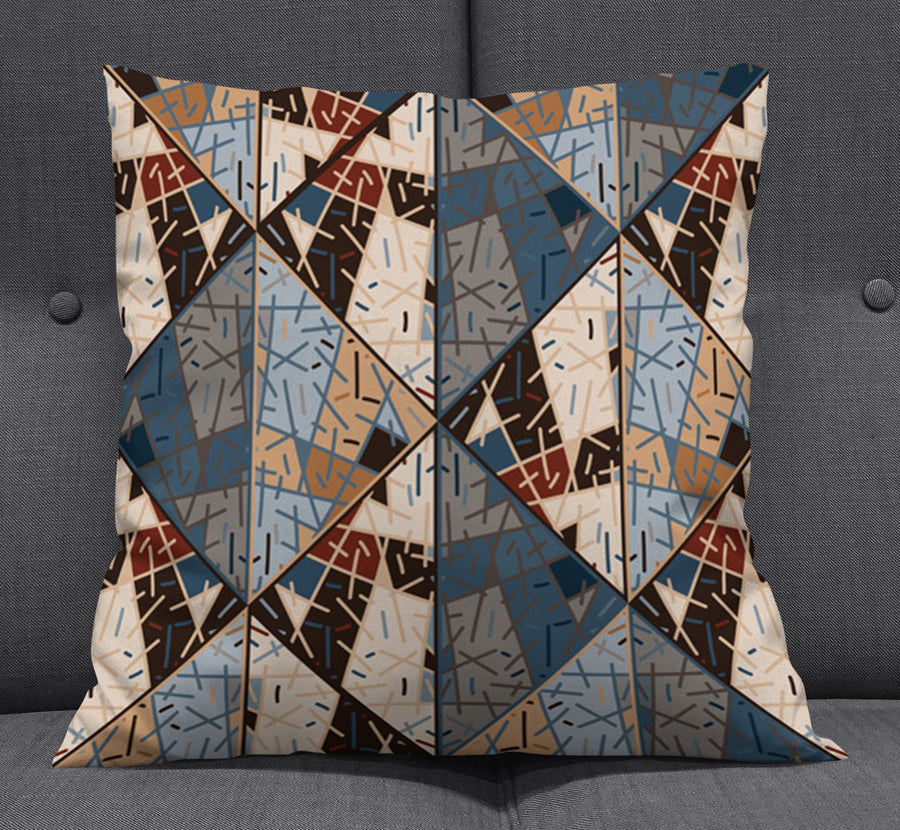 Blue and Beige Patchwork Geometric Mosaic Throw Pillow Cover