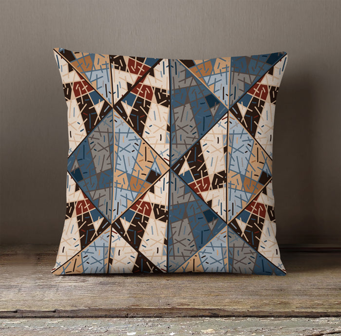 Blue and Beige Patchwork Geometric Mosaic Throw Pillow Cover