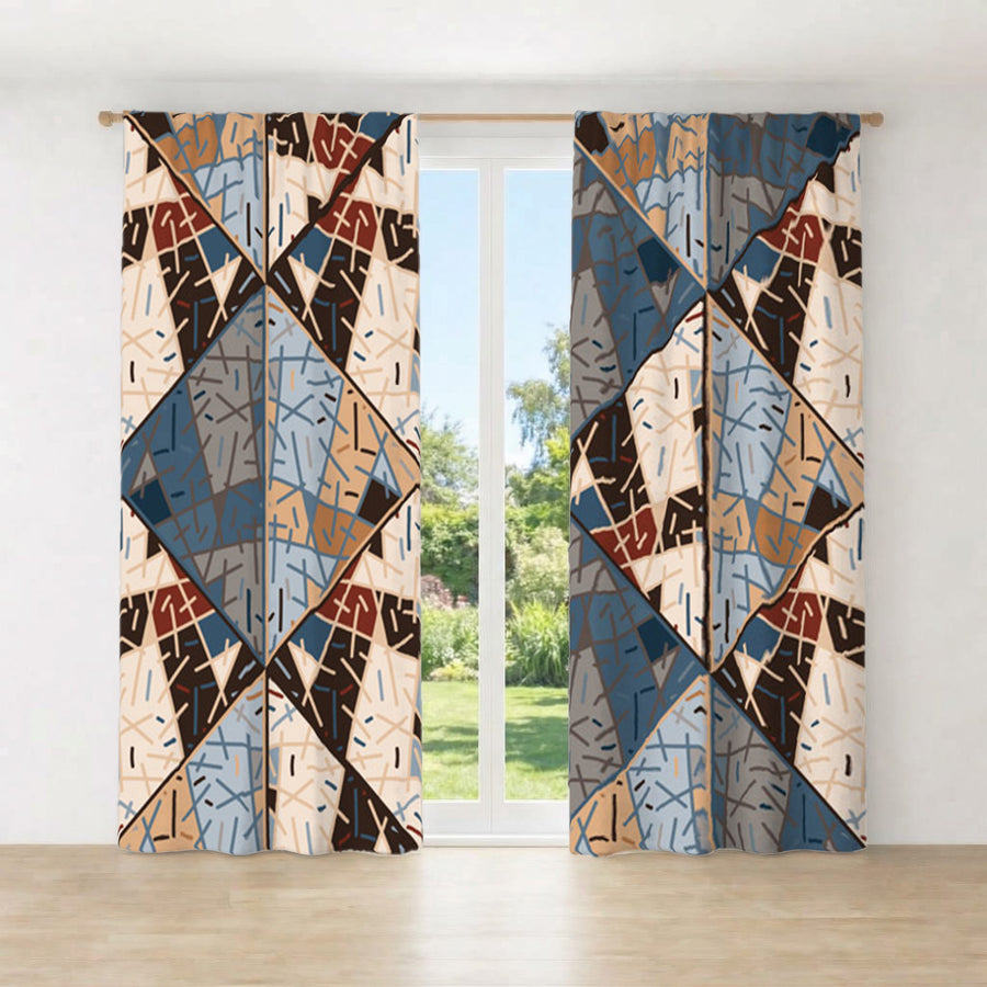Blue and Beige Patchwork Geometric Mosaic Window Curtains
