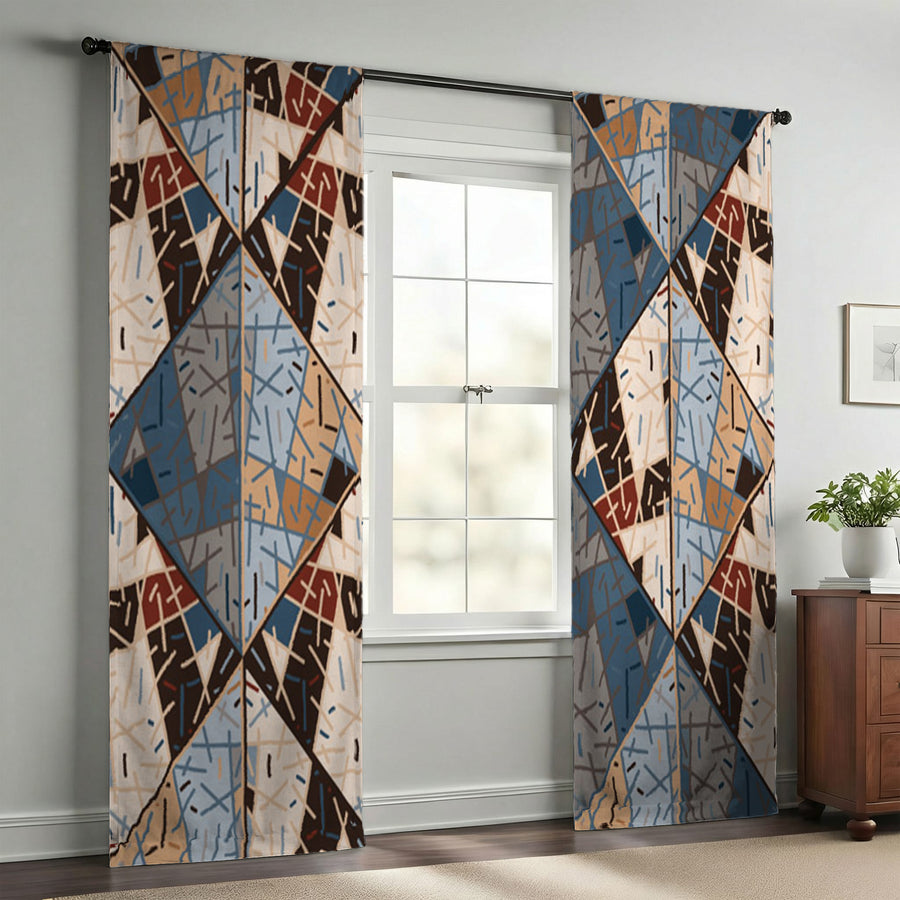 Blue and Beige Patchwork Geometric Mosaic Window Curtains