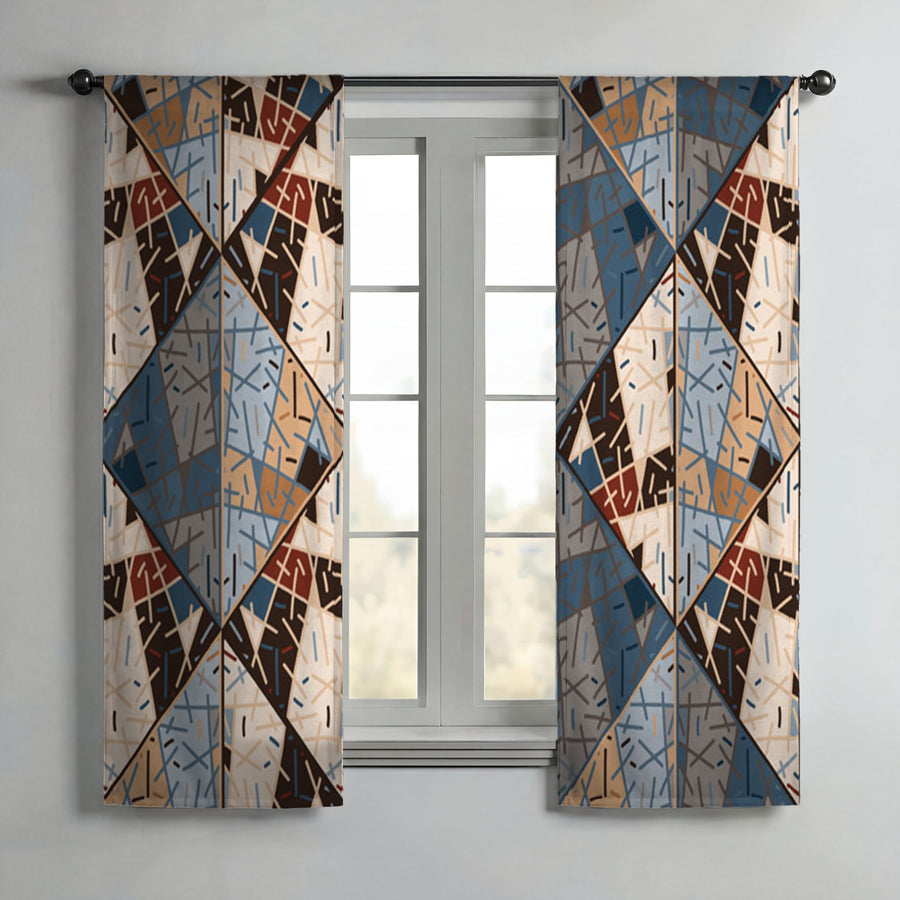 Blue and Beige Patchwork Geometric Mosaic Window Curtains