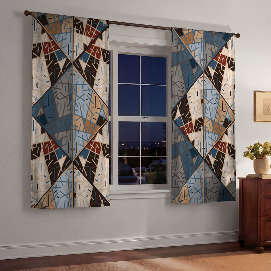 Blue and Beige Patchwork Geometric Mosaic Window Curtains