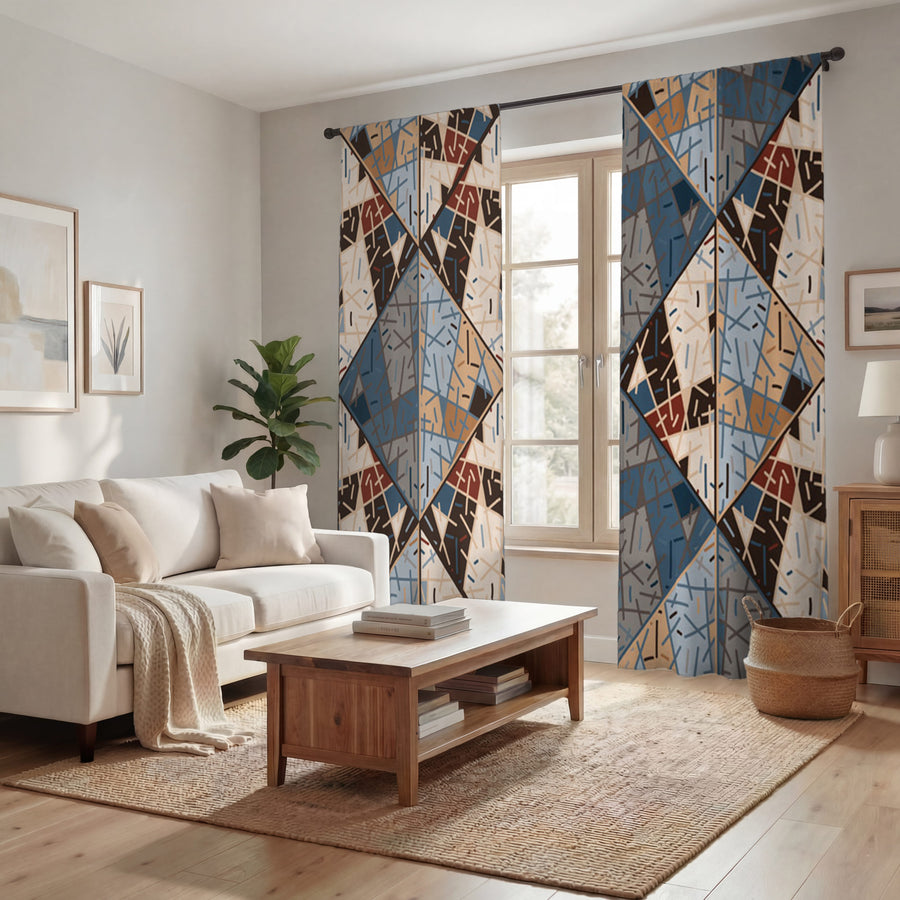 Blue and Beige Patchwork Geometric Mosaic Window Curtains