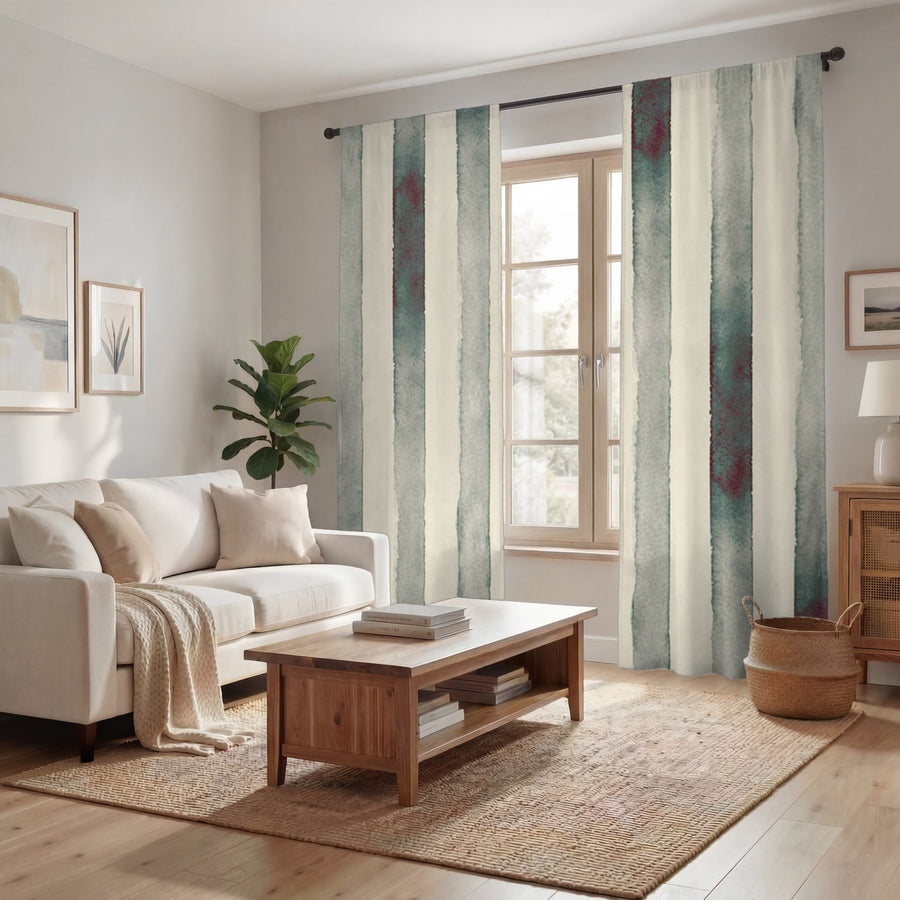 Neutral Vertical Stripe Stone Wash Window Curtains