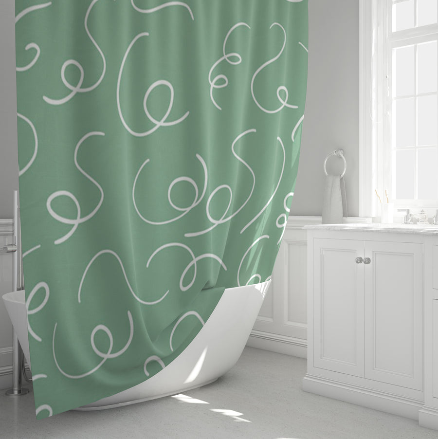 Green Abstract Scribble Line Pattern Shower Curtain
