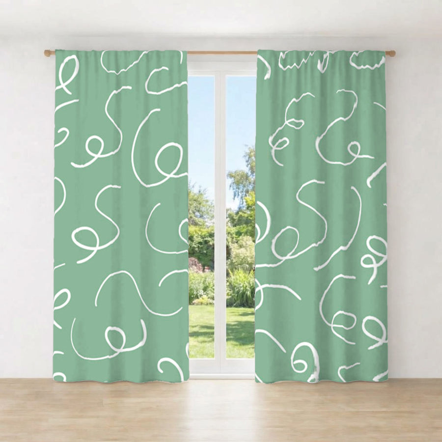 Green Abstract Scribble Line Pattern Window Curtains