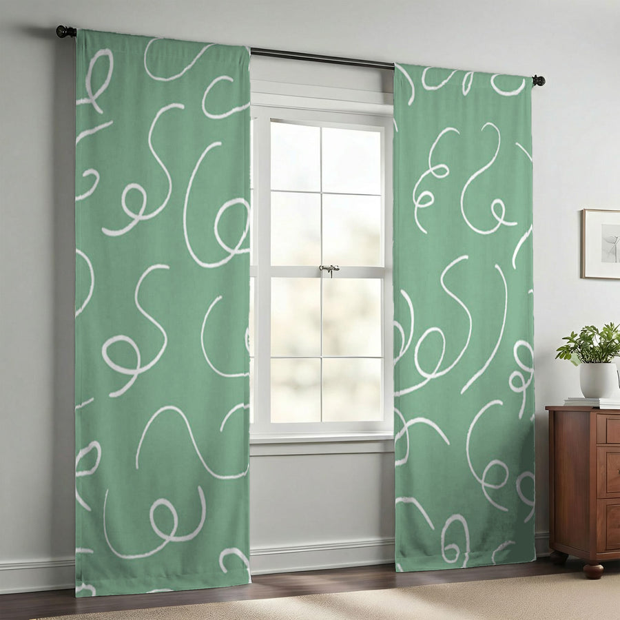 Green Abstract Scribble Line Pattern Window Curtains