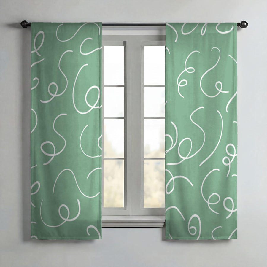Green Abstract Scribble Line Pattern Window Curtains