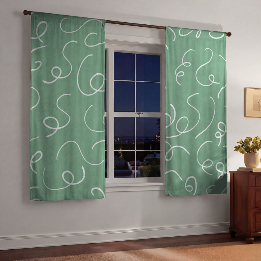 Green Abstract Scribble Line Pattern Window Curtains