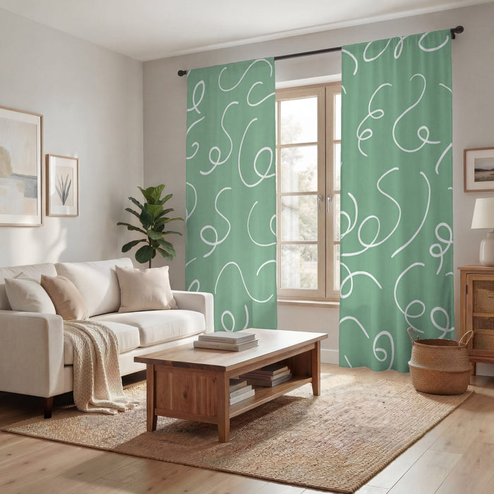 Green Abstract Scribble Line Pattern Window Curtains