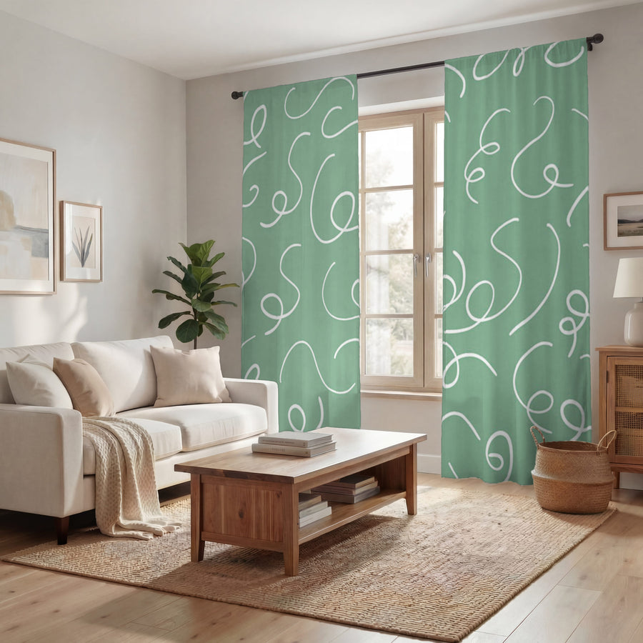 Green Abstract Scribble Line Pattern Window Curtains
