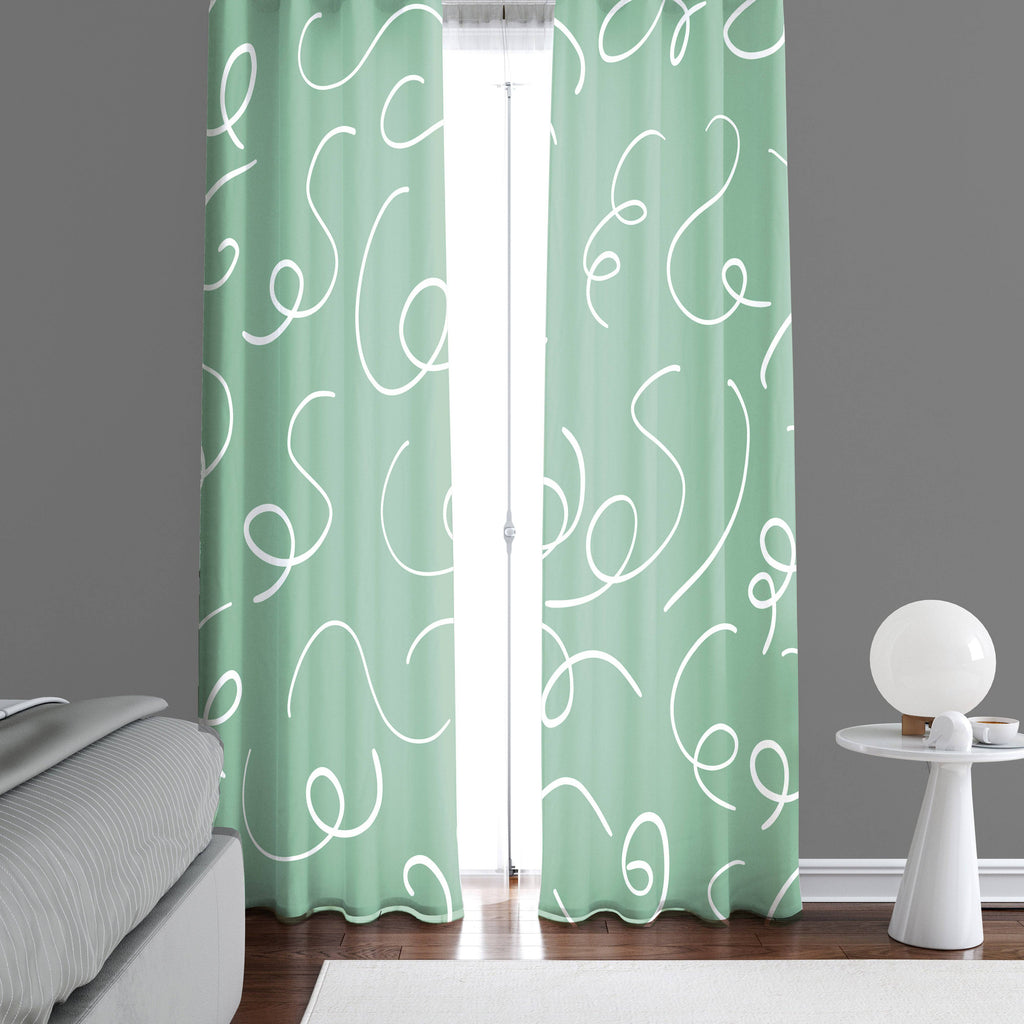Green and White Chic Whimsical Squiggle Lines Window Curtains - Deja Blue Studios