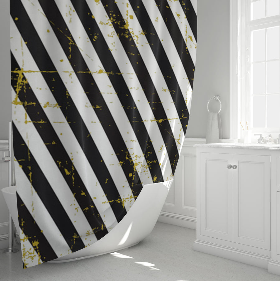 Black and Gold Diagonal Stripe Pattern Shower Curtain