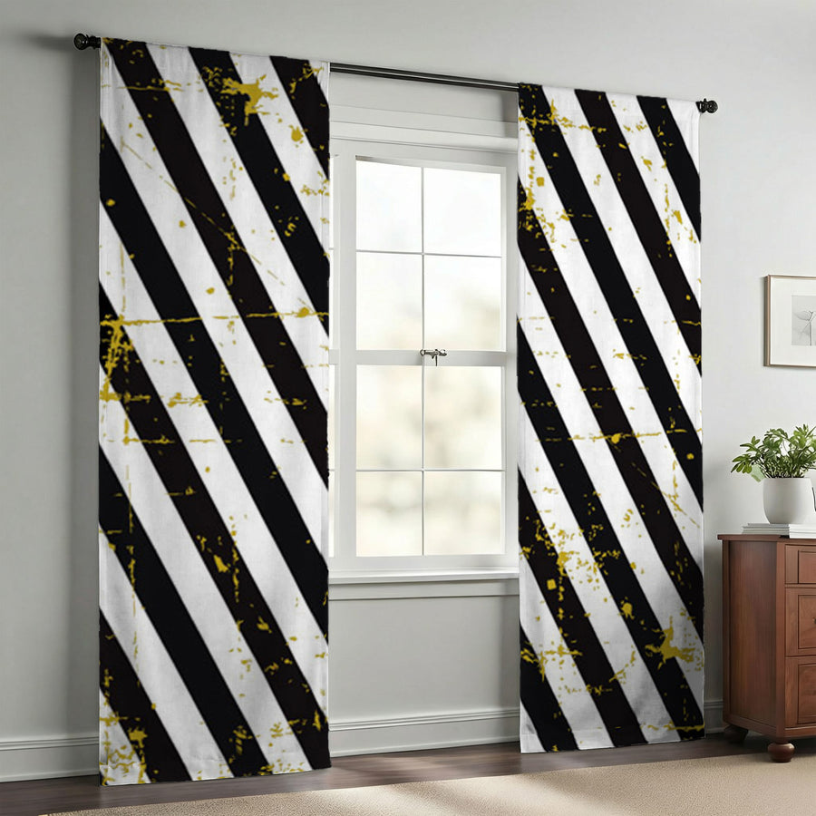 Black and Gold Diagonal Stripe Pattern Window Curtain